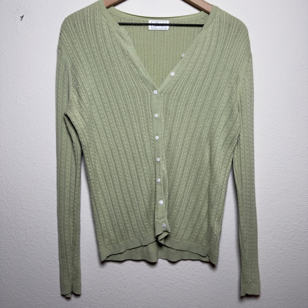 VTG y2k Women 100% Cotton Coquette Cardigan Sweater Preppy Green Cable Knit